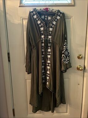 Boho Olive Green High-Low Embroidered Dress
